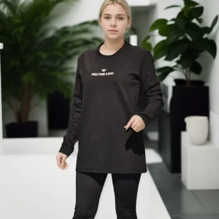 Unisex Bisiklet Yaka Uzun Kollu TShirt Siyah