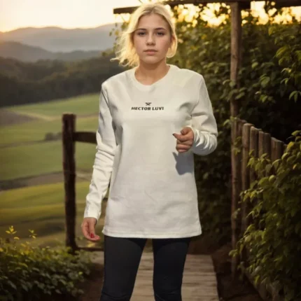 Unisex Bisiklet Yaka Uzun Kollu TShirt Beyaz