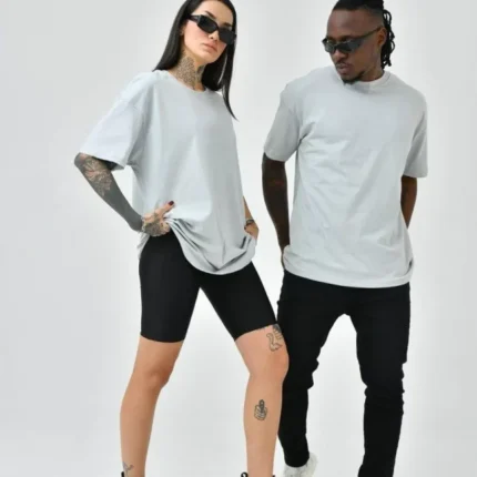 Unisex Basic Bisiklet Yaka Oversize TShirt Boyalı Gri