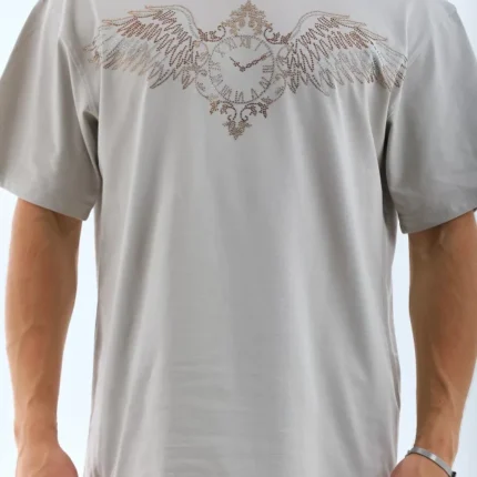Unisex Oversize Taşlı Bisiklet Yaka TShirt Gri