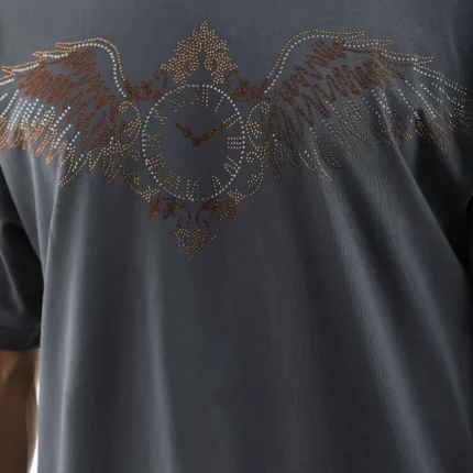 Unisex Oversize Taşlı Bisiklet Yaka TShirt Füme