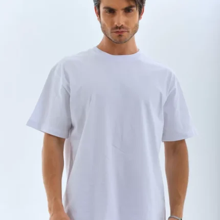 Unisex Oversize Düz Bisiklet Yaka TShirt Beyaz