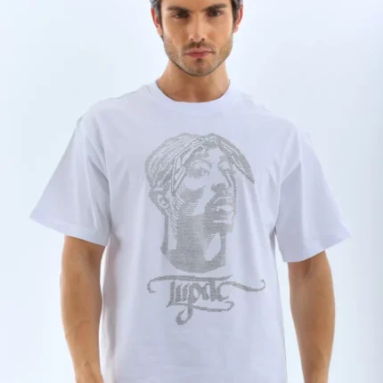Unisex Oversize Taşlı Bisiklet Yaka TShirt Beyaz