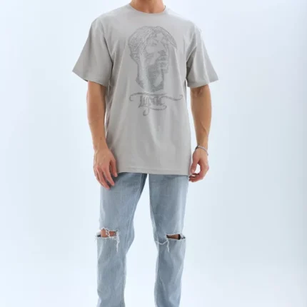Unisex Oversize Taşlı Bisiklet Yaka TShirt Gri