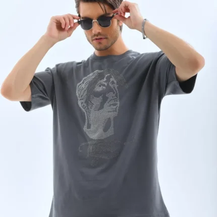 Unisex Oversize Taşlı Bisiklet Yaka TShirt Füme