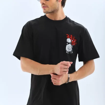 Unisex Oversize Baskılı Bisiklet Yaka TShirt Siyah