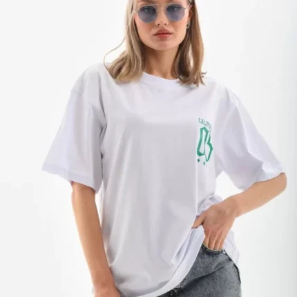 Unisex Baskılı Oversize TShirt Beyaz