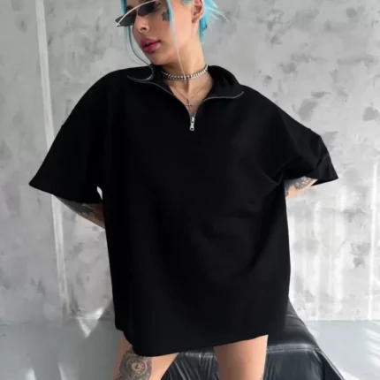 Unisex Yarım Fermuarlı Basic TShirt Siyah