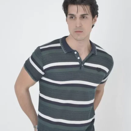 Erkek Yakalı Slim Fit Dokuma Çizgili TShirt Haki