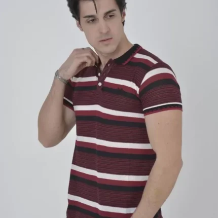 Erkek Yakalı Slim Fit Dokuma Çizgili TShirt Bordo