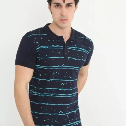 Erkek Yakalı Slim Fit Pike Çizgili TShirt Lacivert