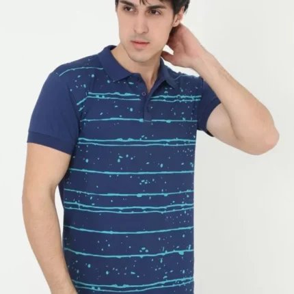 Erkek Yakalı Slim Fit Pike Çizgili TShirt Mavi