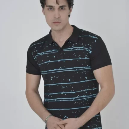Erkek Yakalı Slim Fit Pike Çizgili TShirt Siyah