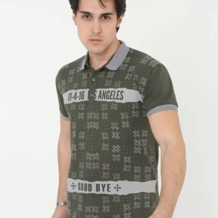 Erkek Yakalı Slim Fit Baskılı TShirt Haki
