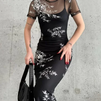 Baskılı Şifon Kimono Elbise Siyah