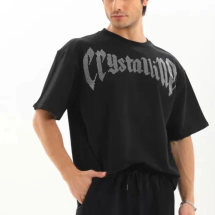 Unisex Oversize Taşlı TShirt Siyah