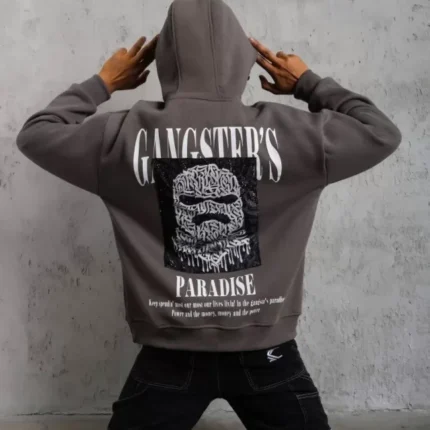 Erkek Paradise Baskılı Kapüşonlu Sweat Gri