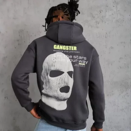 Erkek Kordonlu Maske Baskılı Kapşonlu Sweat Gri