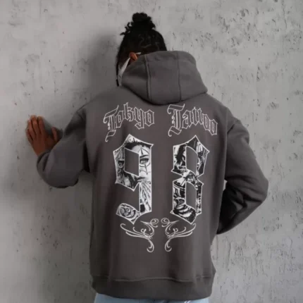 Erkek Baskılı Kapşonlu Sweat Gri