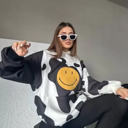 Smiley Face Kapüşonlu Sweatshirt Siyah