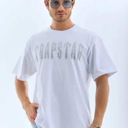 Unisex Oversize Taşlı Bisiklet Yaka TShirt Beyaz