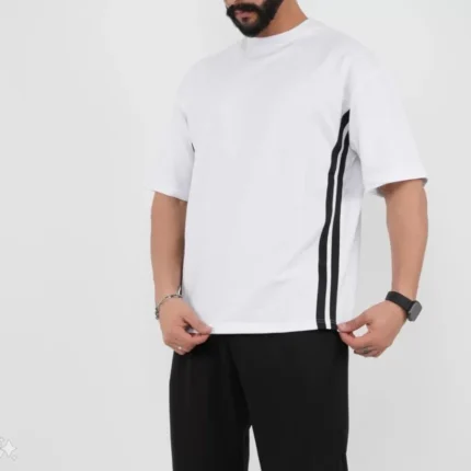 Unisex Oversize Yanları Şeritli TShirt Beyaz