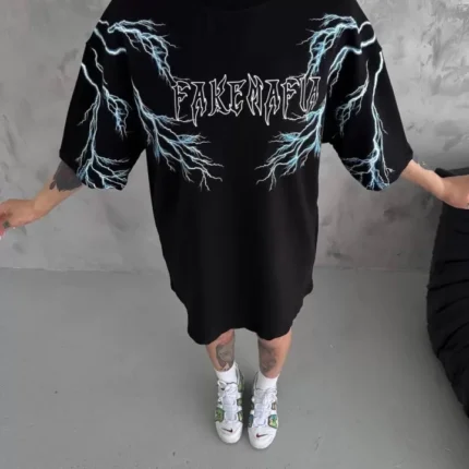 Unisex Bisiklet Yaka Baskılı Oversize TShirt Siyah