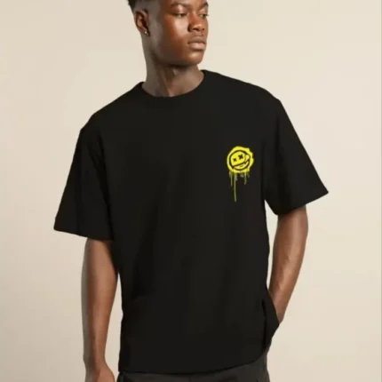 Unisex Bisiklet Yaka Baskılı Oversize TShirt Siyah