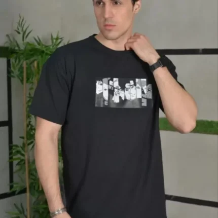 Unisex Bisiklet Yaka Baskılı Oversize TShirt Siyah