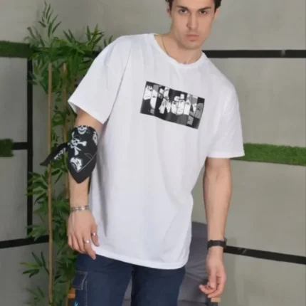 Unisex Bisiklet Yaka Baskılı Oversize TShirt Beyaz