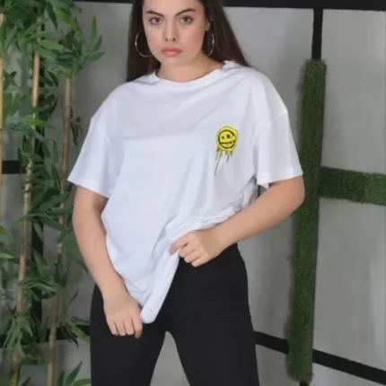 Unisex Bisiklet Yaka Baskılı Oversize TShirt Beyaz
