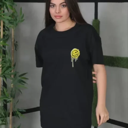 Unisex Bisiklet Yaka Baskılı Oversize TShirt Siyah