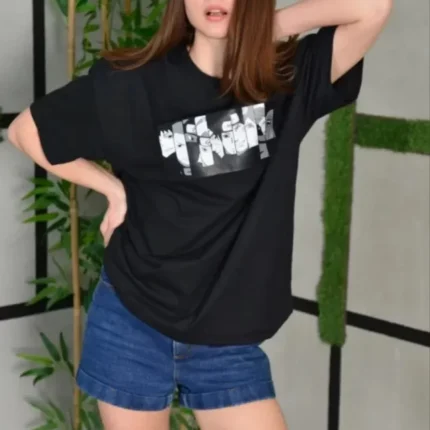 Unisex Bisiklet Yaka Baskılı Oversize TShirt Siyah