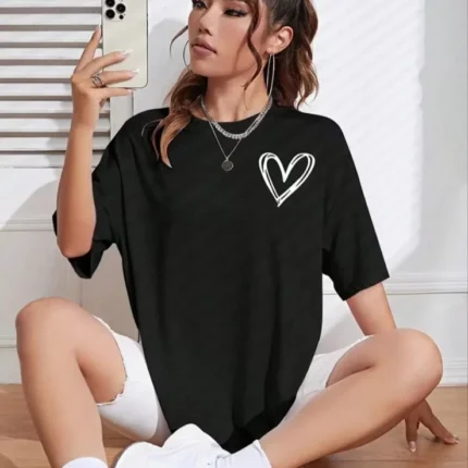Bisiklet Yaka Baskılı Oversize TShirt Siyah