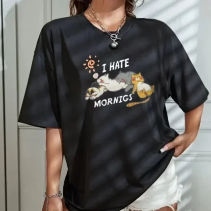 Bisiklet Yaka Baskılı Oversize TShirt Siyah