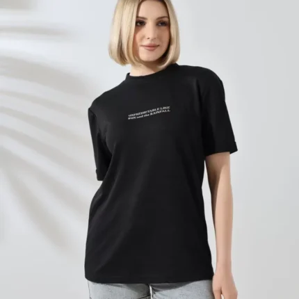 Unisex Bisiklet Yaka Baskılı Slim Fit TShirt Siyah