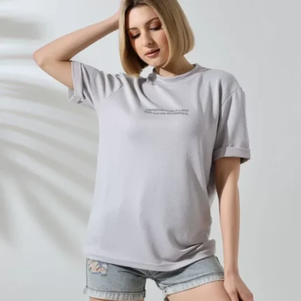 Unisex Bisiklet Yaka Baskılı Slim Fit TShirt Boyalı Gri