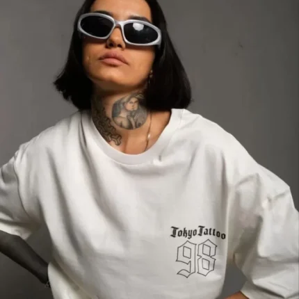 Unisex Bisiklet Yaka Baskılı Oversize TShirt Beyaz