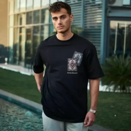 Unisex Bisiklet Yaka Baskılı Oversize TShirt Siyah