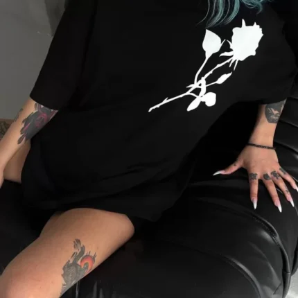 Unisex Bisiklet Yaka Baskılı Oversize TShirt Siyah