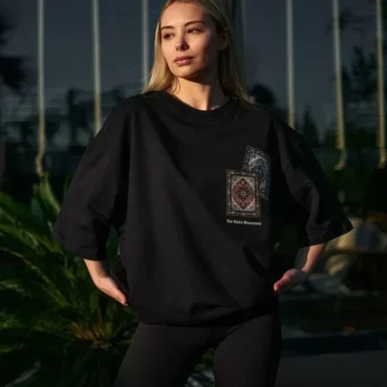 Unisex Bisiklet Yaka Baskılı Oversize TShirt Siyah