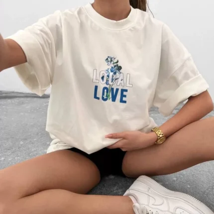 Unisex Bisiklet Yaka Baskılı Oversize TShirt Beyaz