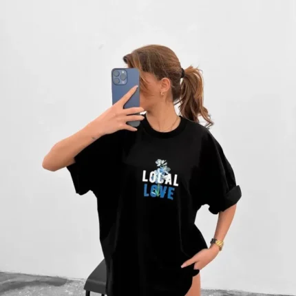 Unisex Bisiklet Yaka Baskılı Oversize TShirt Siyah
