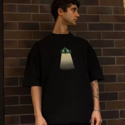 Unisex Bisiklet Yaka Baskılı Oversize TShirt Siyah