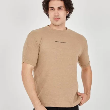 Unisex Jakar Kumaş Slim Fit TShirt Kahverengi