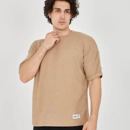 Unisex Jakar Kumaş Rahat Kol TShirt Kahverengi