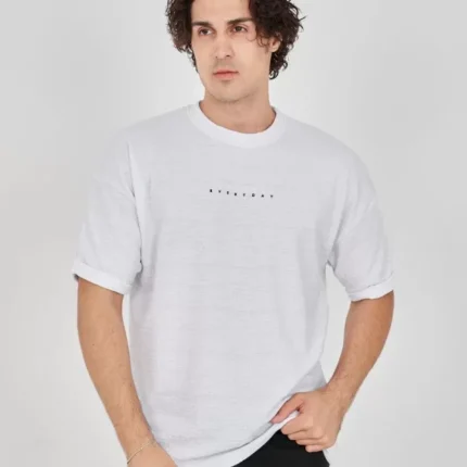 Unisex Jakar Kumaş Rahat Kol TShirt Beyaz