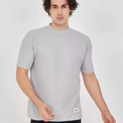 Unisex Waffle Kumaş Rahat Kol TShirt Boyalı Gri