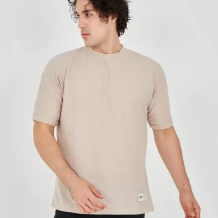 Unisex Waffle Kumaş Rahat Kol TShirt Bej