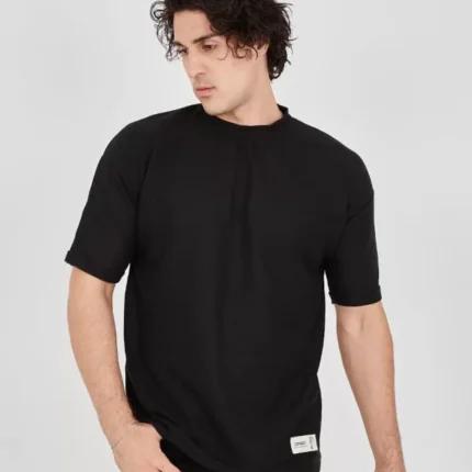 Unisex Waffle Kumaş Rahat Kol TShirt Siyah